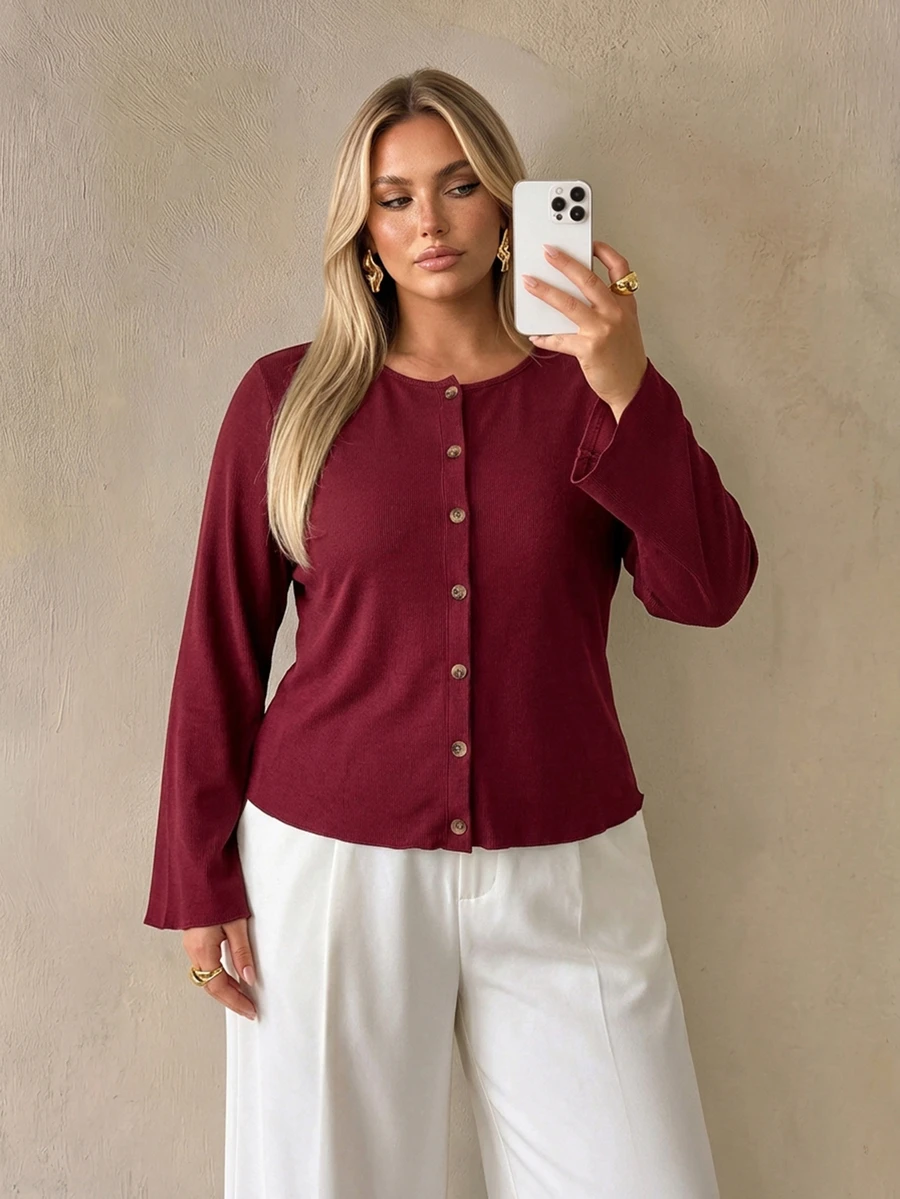 Auralis Autumn/Winter Party Burgundy Flare Sleeve Open Front Plus Size T-Shirt/Vintage/Christmas Fall - Burgundy - View 1