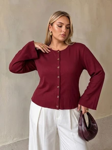 Auralis Autumn/Winter Party Burgundy Flare Sleeve Open Front Plus Size T-Shirt/Vintage/Christmas Fall - Burgundy - View 6