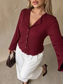 Auralis Autumn/Winter Party Burgundy Flare Sleeve Open Front Plus Size T-Shirt/Vintage/Christmas Fall - Burgundy - View 3