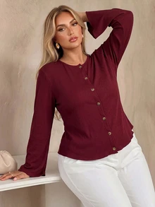 Auralis Autumn/Winter Party Burgundy Flare Sleeve Open Front Plus Size T-Shirt/Vintage/Christmas Fall - Burgundy - View 2