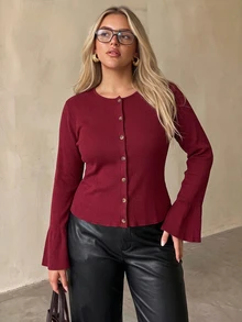 Auralis Autumn/Winter Party Burgundy Flare Sleeve Open Front Plus Size T-Shirt/Vintage/Christmas Fall - Burgundy - View 4