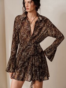 Frievida New Fashion Versatile Chiffon Printed Cinched Waist Dress/Print: Yes(Random) Night Out Vacation Dark Brown Autumn Boho - Coffee - View 3