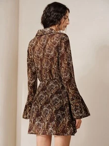 Frievida New Fashion Versatile Chiffon Printed Cinched Waist Dress/Print: Yes(Random) Night Out Vacation Dark Brown Autumn Boho - Coffee - View 2