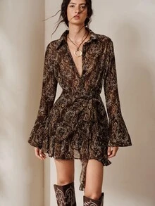 Frievida New Fashion Versatile Chiffon Printed Cinched Waist Dress/Print: Yes(Random) Night Out Vacation Dark Brown Autumn Boho - Coffee - View 5