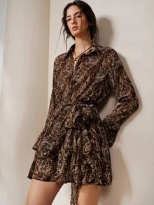 Frievida New Fashion Versatile Chiffon Printed Cinched Waist Dress/Print: Yes(Random) Night Out Vacation Dark Brown Autumn Boho - Coffee - View 7