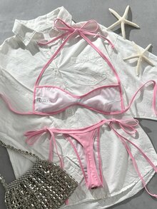 Costavie Swim SXY 兩件式比基尼套裝，春夏海灘度假，亮片紋理面料，掛脖平口上衣與側綁丁字褲下裝，性感比基尼套裝 - 彩色 - 查看 2