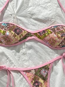 Costavie Swim SXY 兩件式比基尼套裝，春夏海灘度假，亮片紋理面料，掛脖平口上衣與側綁丁字褲下裝，性感比基尼套裝 - 彩色 - 查看 9