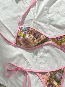 Costavie Swim SXY 兩件式比基尼套裝，春夏海灘度假，亮片紋理面料，掛脖平口上衣與側綁丁字褲下裝，性感比基尼套裝 - 彩色 - 查看 7