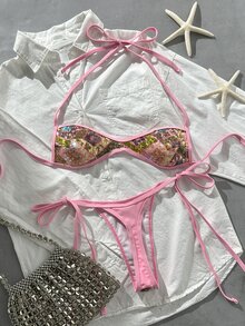 Costavie Swim SXY 兩件式比基尼套裝，春夏海灘度假，亮片紋理面料，掛脖平口上衣與側綁丁字褲下裝，性感比基尼套裝 - 彩色 - 查看 8