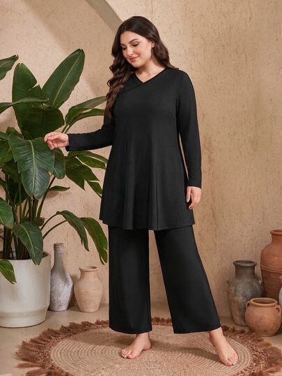 SHEIN Swim Conjunto de fato de banho Burkini para mulher Plus Size, 2 peças, manga comprida e calças compridas, para praia, festa e férias de verão, preto, estilo modesto e elegante dos anos 60 e 20