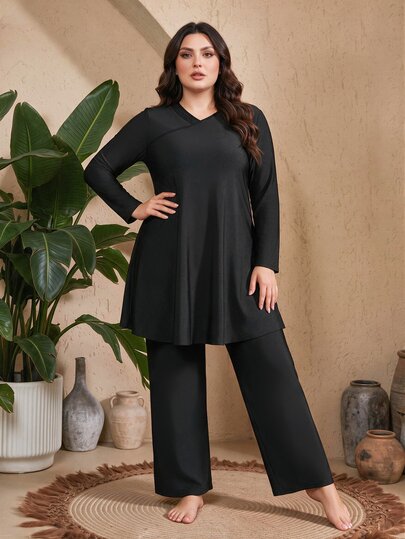 SHEIN Swim Ensemble de maillot de bain 2 pièces pour femmes grandes tailles, manches longues et pantalon long, burkini de plage pour fête et vacances d'été, noir, modeste et élégant, style années 1960 et 1920