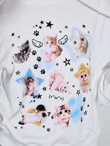 ROMWE Autumn/Winter Kawaii Cat Print Ear Design Hooded Sweatshirt For Women, Suitable For School - White - View 2