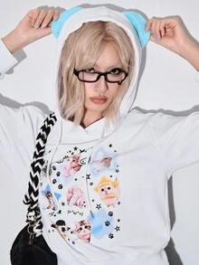 ROMWE Autumn/Winter Kawaii Cat Print Ear Design Hooded Sweatshirt For Women, Suitable For School - White - View 7