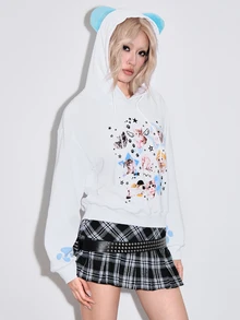 ROMWE Autumn/Winter Kawaii Cat Print Ear Design Hooded Sweatshirt For Women, Suitable For School - White - View 5