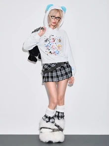 ROMWE Autumn/Winter Kawaii Cat Print Ear Design Hooded Sweatshirt For Women, Suitable For School - White - View 8