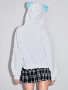ROMWE Autumn/Winter Kawaii Cat Print Ear Design Hooded Sweatshirt For Women, Suitable For School - White - View 3