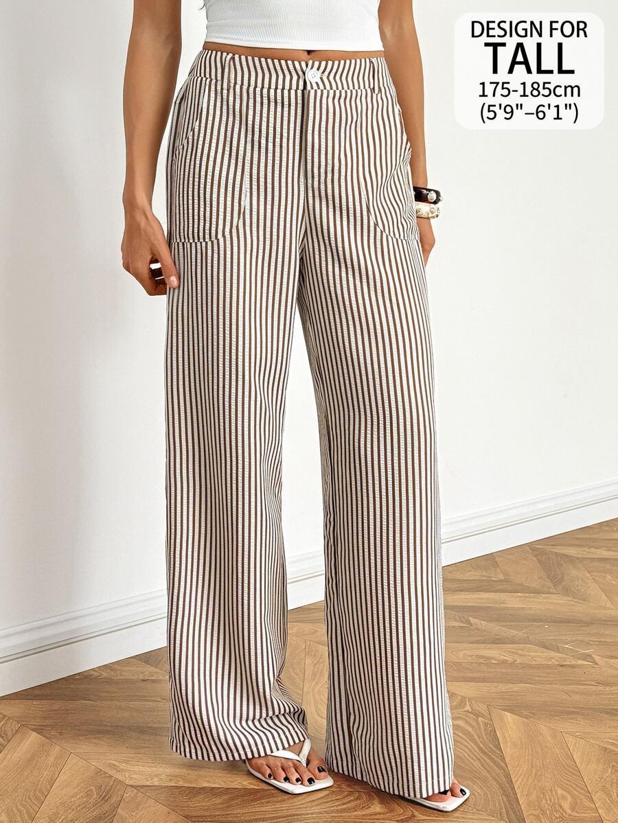 SHEIN Tall Women's Summer/Autumn Low Waist Straight Leg Linen Wide Leg Pants (Suitable For Petite Women) - Khaki - View 1
