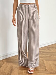 SHEIN Tall Women's Summer/Autumn Low Waist Straight Leg Linen Wide Leg Pants (Suitable For Petite Women) - Khaki - View 5