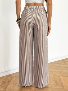 SHEIN Tall Women's Summer/Autumn Low Waist Straight Leg Linen Wide Leg Pants (Suitable For Petite Women) - Khaki - View 2