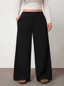 Enliva Plus Size Women's Double-Button Straight Leg Casual Stretch Black Trousers Fall - Black - View 1