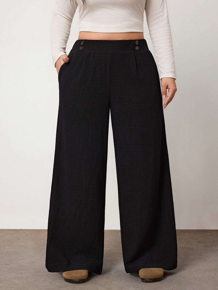 Enliva Plus Size Women's Double-Button Straight Leg Casual Stretch Black Trousers Fall - Black - View 1