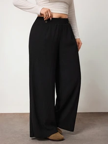 Enliva Plus Size Women's Double-Button Straight Leg Casual Stretch Black Trousers Fall - Black - View 5