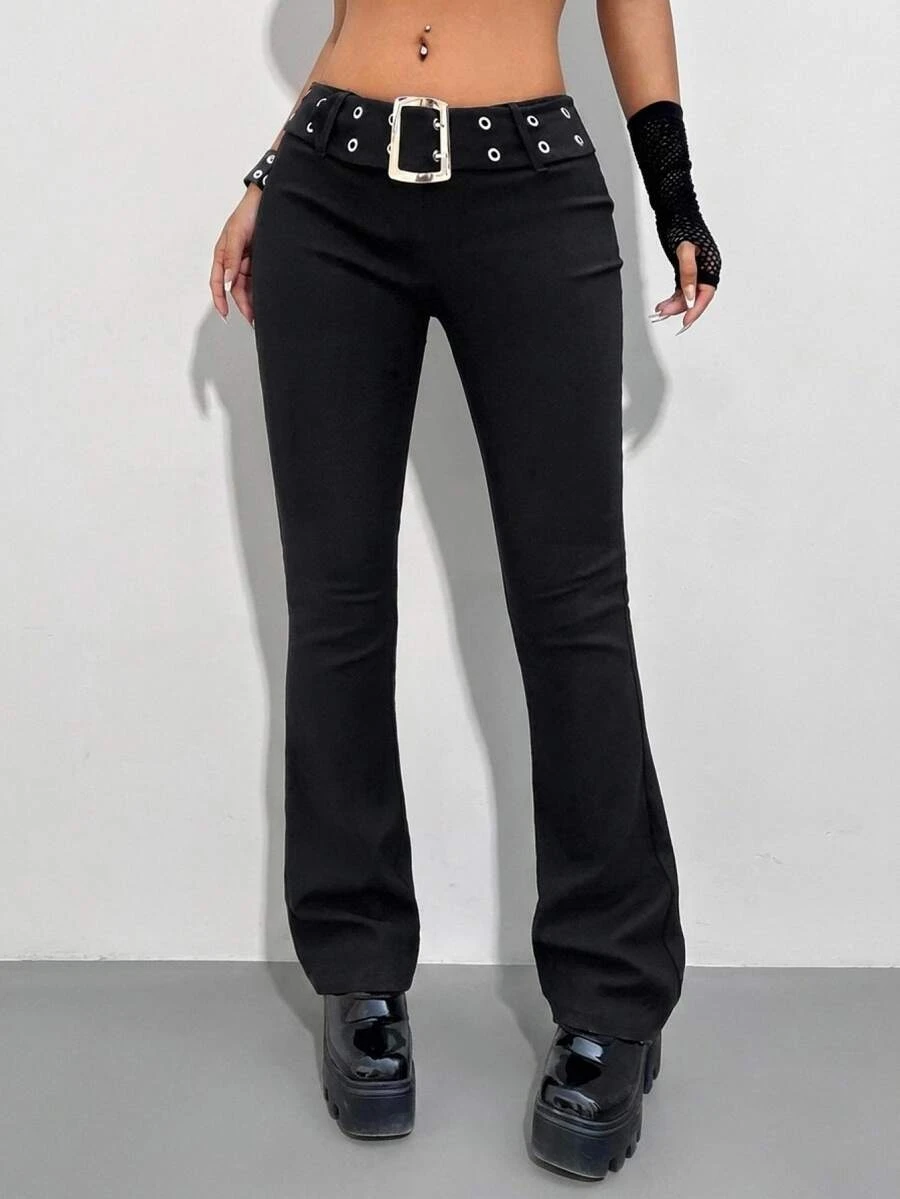 SHEIN ICON Low Rise Grommet Eyelet Belted Ring Flare Leg Pants - Black - View 1