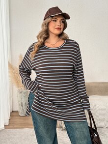 SHEIN CURVE+ Women's Fashion Brown Striped Contrast Color Round Neck Long Sleeve Split Hem T-Shirt Everyday Autumn Formal Home Wear Vacation Casual - Multicolor - View 2