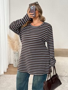 SHEIN CURVE+ Women's Fashion Brown Striped Contrast Color Round Neck Long Sleeve Split Hem T-Shirt Everyday Autumn Formal Home Wear Vacation Casual - Multicolor - View 3