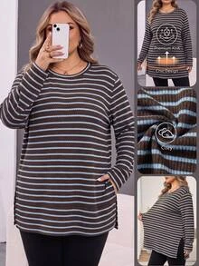 SHEIN CURVE+ Women's Fashion Brown Striped Contrast Color Round Neck Long Sleeve Split Hem T-Shirt Everyday Autumn Formal Home Wear Vacation Casual - Multicolor - View 1