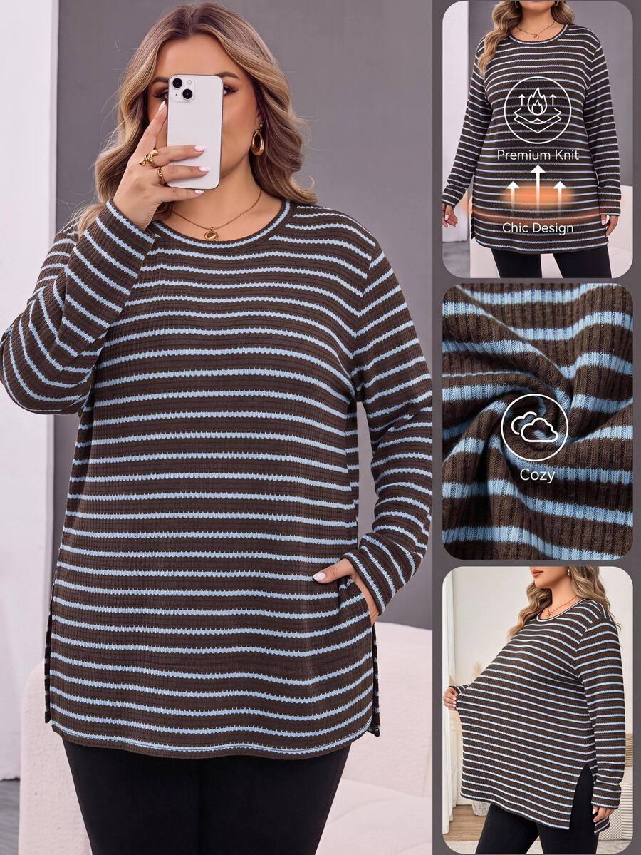 SHEIN CURVE+ Women's Fashion Brown Striped Contrast Color Round Neck Long Sleeve Split Hem T-Shirt Everyday Autumn Formal Home Wear Vacation Casual - Multicolor - View 1