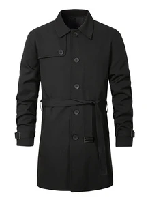 HUEFORM Men's Black Belt With Mid-Length British Style Trench Coat With Lapel, Single-Breasted Business Casual Overcoat,Perfect For A Refined Look. For Men - Black - View 3