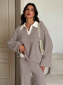 SHEIN Tall Setelan Kasual 2 Potong Wanita: Kaos Lengan Panjang Berkerah Garis-Garis dan Celana Panjang dengan Model Bahu Longgar - Coklat - View 3