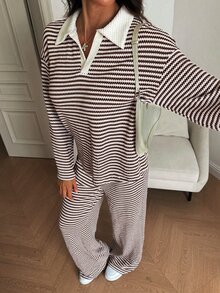 SHEIN Tall Setelan Kasual 2 Potong Wanita: Kaos Lengan Panjang Berkerah Garis-Garis dan Celana Panjang dengan Model Bahu Longgar - Coklat - View 6