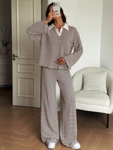 SHEIN Tall Setelan Kasual 2 Potong Wanita: Kaos Lengan Panjang Berkerah Garis-Garis dan Celana Panjang dengan Model Bahu Longgar - Coklat - View 5