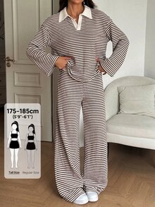 SHEIN Tall Setelan Kasual 2 Potong Wanita: Kaos Lengan Panjang Berkerah Garis-Garis dan Celana Panjang dengan Model Bahu Longgar - Coklat - View 8
