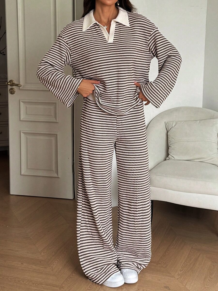 SHEIN Tall Setelan Kasual 2 Potong Wanita: Kaos Lengan Panjang Berkerah Garis-Garis dan Celana Panjang dengan Model Bahu Longgar - Coklat - View 1