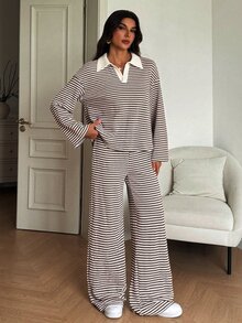 SHEIN Tall Setelan Kasual 2 Potong Wanita: Kaos Lengan Panjang Berkerah Garis-Garis dan Celana Panjang dengan Model Bahu Longgar - Coklat - View 4