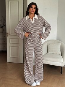 SHEIN Tall Setelan Kasual 2 Potong Wanita: Kaos Lengan Panjang Berkerah Garis-Garis dan Celana Panjang dengan Model Bahu Longgar - Coklat - View 7