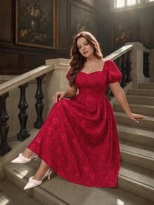 SHEIN MOD 大尺碼紅色短袖中長版A字洋裝，夏季休閒優雅，適合婚禮、生日、雞尾酒會、下午茶、約會之夜、正式場合 - 紅色 - 查看 6
