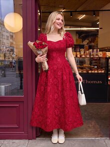 SHEIN MOD 大尺碼紅色短袖中長版A字洋裝，夏季休閒優雅，適合婚禮、生日、雞尾酒會、下午茶、約會之夜、正式場合 - 紅色 - 查看 9