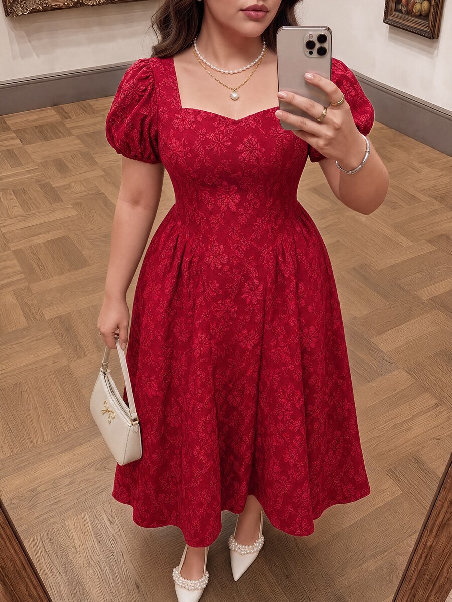 SHEIN MOD 大尺碼紅色短袖中長版A字洋裝，夏季休閒優雅，適合婚禮、生日、雞尾酒會、下午茶、約會之夜、正式場合 - 紅色 - 查看 1