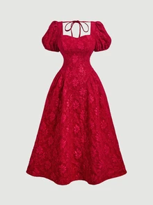 SHEIN MOD 大尺碼紅色短袖中長版A字洋裝，夏季休閒優雅，適合婚禮、生日、雞尾酒會、下午茶、約會之夜、正式場合 - 紅色 - 查看 2