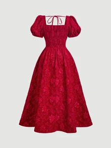 SHEIN MOD 大尺碼紅色短袖中長版A字洋裝，夏季休閒優雅，適合婚禮、生日、雞尾酒會、下午茶、約會之夜、正式場合 - 紅色 - 查看 3