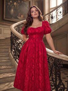 SHEIN MOD 大尺碼紅色短袖中長版A字洋裝，夏季休閒優雅，適合婚禮、生日、雞尾酒會、下午茶、約會之夜、正式場合 - 紅色 - 查看 7