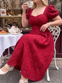SHEIN MOD 大尺碼紅色短袖中長版A字洋裝，夏季休閒優雅，適合婚禮、生日、雞尾酒會、下午茶、約會之夜、正式場合 - 紅色 - 查看 10