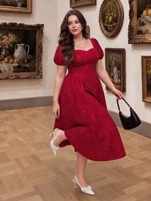 SHEIN MOD 大尺碼紅色短袖中長版A字洋裝，夏季休閒優雅，適合婚禮、生日、雞尾酒會、下午茶、約會之夜、正式場合 - 紅色 - 查看 8