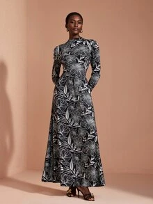 JIAN LASALA Gaun Panjang Rajut Lengan Panjang Motif Kelopak Bunga dengan Leher Tinggi Elegan untuk Pesta Liburan - MultiWarna - View 4