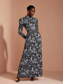 JIAN LASALA Gaun Panjang Rajut Lengan Panjang Motif Kelopak Bunga dengan Leher Tinggi Elegan untuk Pesta Liburan - MultiWarna - View 6