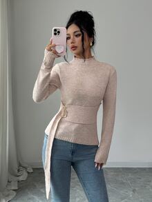 Elenzga Women's Solid Color Semi-High Neck Waist-Cinching Knit Metal Buckle Tie-Up Slim Fit Flattering Ruched Long Sleeve Base Layer Elegant Mature Minimalist Knit Top - Khaki - View 3
